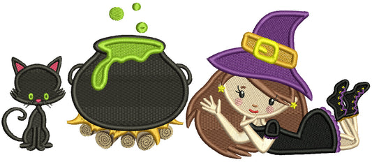 Witch Couldring And a Black Cat Halloween Filled Machine Embroidery Design Digitized Pattern