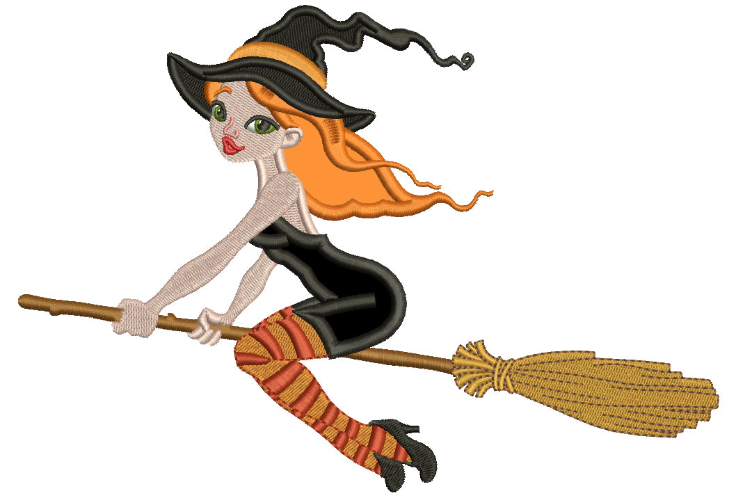 Witch Flying a Broom Halloween Applique Machine Embroidery Design Digitized Pattern