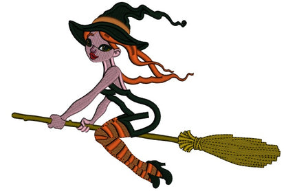 Witch Flying a Broom Halloween Applique Machine Embroidery Design Digitized Pattern