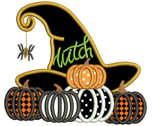 Witch Hat With Spider And Pumpkins Halloween Applique Machine Embroidery Design Digitized Pattern