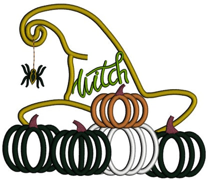 Witch Hat With Spider And Pumpkins Halloween Applique Machine Embroidery Design Digitized Pattern
