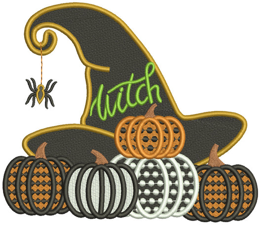 Witch Hat With Spider And Pumpkins Halloween Filled Machine Embroidery Design Digitized Pattern