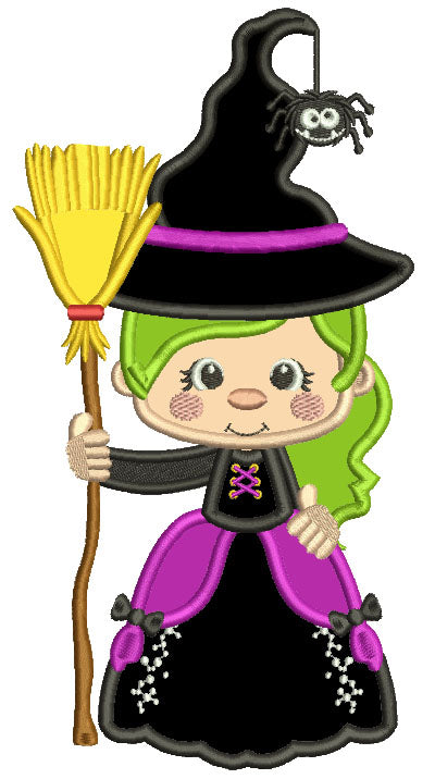 Witch Holding a Broom With a Spider On Her Hat Halloween Applique Machine Embroidery Design Digitized Pattern