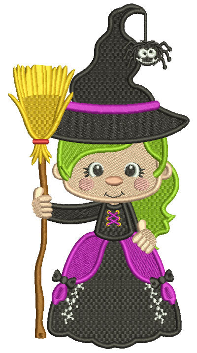 Witch Holding a Broom With a Spider On Her Hat Halloween Filled Machine Embroidery Design Digitized Pattern