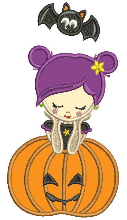 Witch Sitting With a Pumpkin And Cute Little Bat Halloween Applique Machine Embroidery Design Digitized Pattern