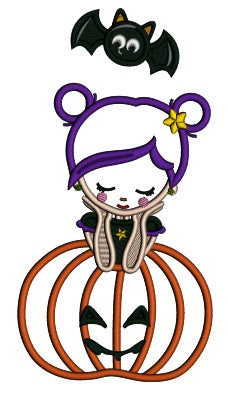 Witch Sitting With a Pumpkin And Cute Little Bat Halloween Applique Machine Embroidery Design Digitized Pattern