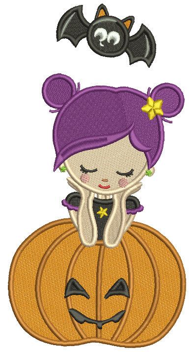 Witch Sitting With a Pumpkin And Cute Little Bat Halloween Filled Machine Embroidery Design Digitized Pattern