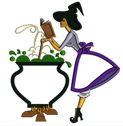 Witch Stirring The Pot and Reading a Book Halloween Applique Machine Embroidery Design Digitized Pattern