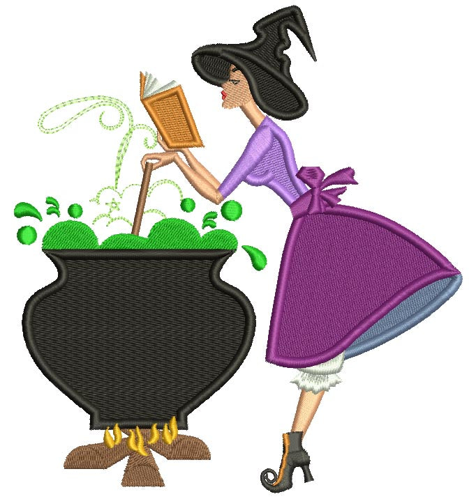 Witch Stirring The Pot and Reading a Book Halloween Filled Machine Embroidery Design Digitized Pattern
