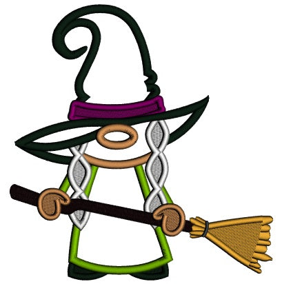 Witch Wearing Huge Hat Holding a Broom Halloween Applique Machine Embroidery Design Digitized Pattern