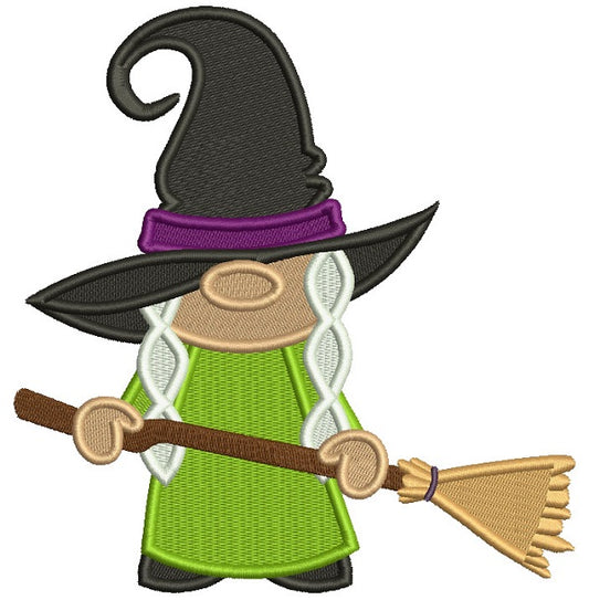 Witch Wearing Huge Hat Holding a Broom Halloween Filled Machine Embroidery Design Digitized Pattern