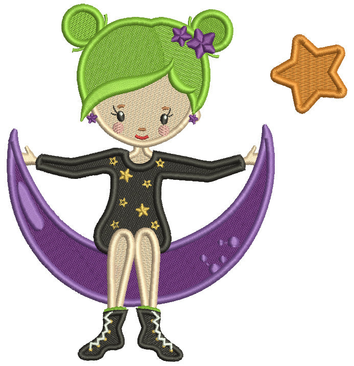 Witch Wearing Shirt With Stars Sitting On The Moon Halloween Filled Machine Embroidery Design Digitized Pattern