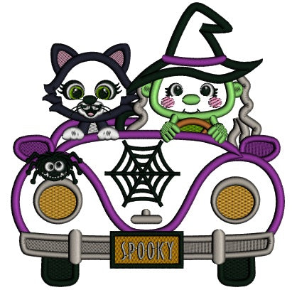 Witch and Black Cat Driving a Car Halloween Applique Machine Embroidery Design Digitized Pattern