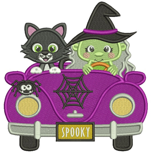 Witch and Black Cat Driving a Car Halloween Filled Machine Embroidery Design Digitized Pattern
