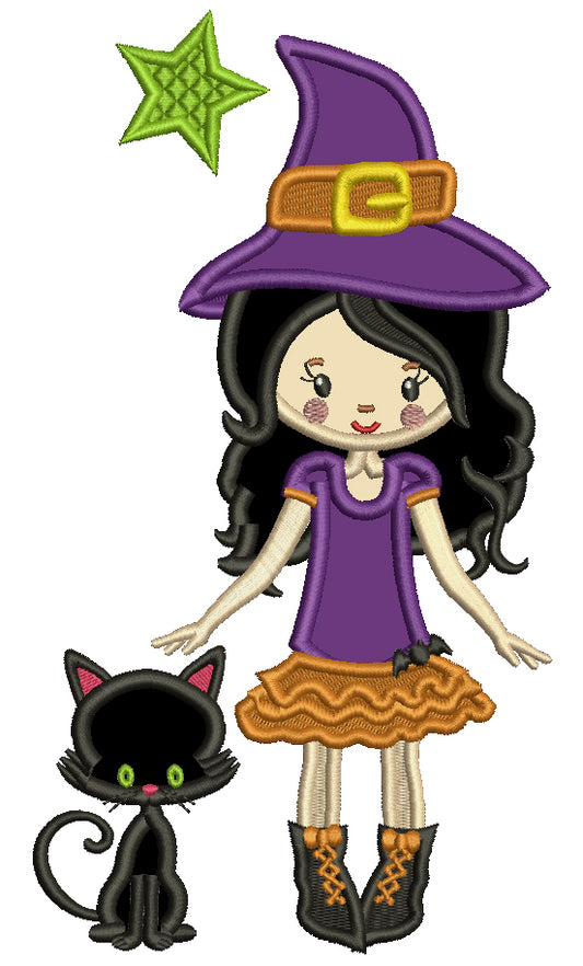 Witch and a Black Kitten Halloween Applique Machine Embroidery Design Digitized Pattern