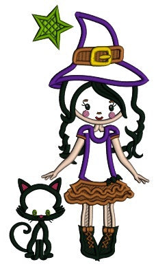 Witch and a Black Kitten Halloween Applique Machine Embroidery Design Digitized Pattern