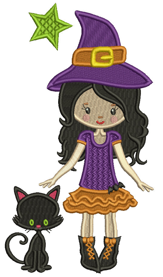 Witch and a Black Kitten Halloween Filled Machine Embroidery Design Digitized Pattern