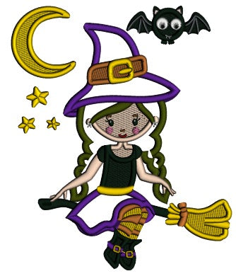 With Sitting On The Broom With a Moon And Stars And a Bat Halloween Applique Machine Embroidery Design Digitized Pattern