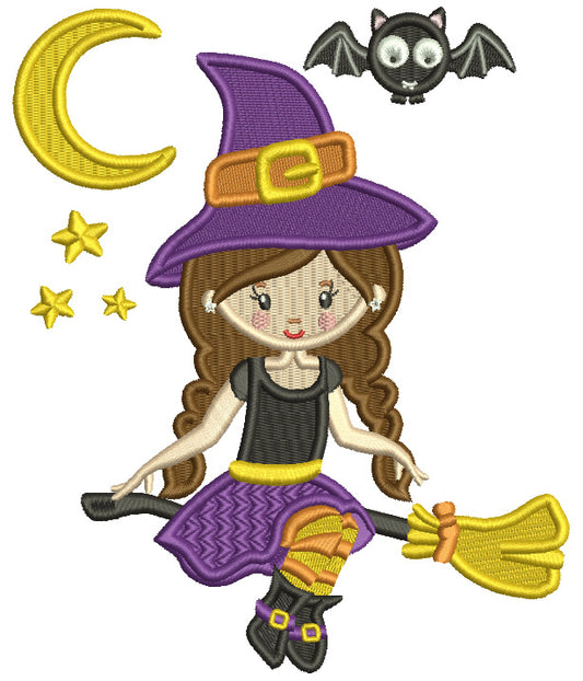 With Sitting On The Broom With a Moon And Stars And a Bat Halloween Filled Machine Embroidery Design Digitized Pattern