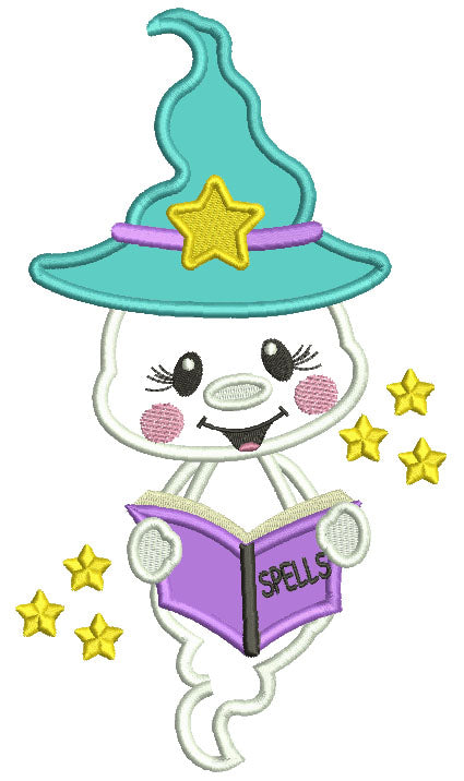 Wizard Ghost Holding Spells Book Applique Halloween Machine Embroidery Design Digitized Pattern