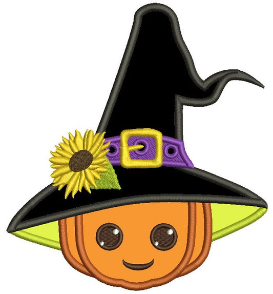 Wizard Pumpkin With Sunflower and a Big Hat Halloween Applique Machine Embroidery Design Digitized Pattern