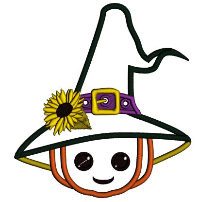 Wizard Pumpkin With Sunflower and a Big Hat Halloween Applique Machine Embroidery Design Digitized Pattern
