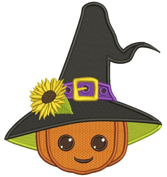 Wizard Pumpkin With Sunflower and a Big Hat Halloween Filled Machine Embroidery Design Digitized Pattern