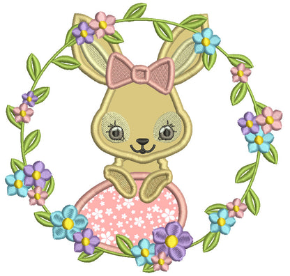 Wreath Easter Bunny Holding Egg Applique Machine Embroidery Design Digitized Pattern