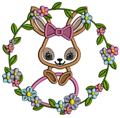 Wreath Easter Bunny Holding Egg Applique Machine Embroidery Design Digitized Pattern