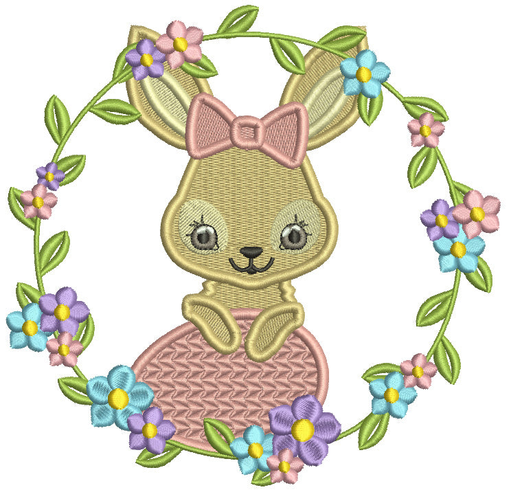 Wreath Easter Bunny Holding Egg Filled Machine Embroidery Design Digitized Pattern