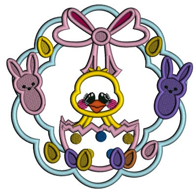 Wreath With Bunnies And a Little Chick Sitting Inside an Easter Egg Applique Machine Embroidery Design Digitized Pattern