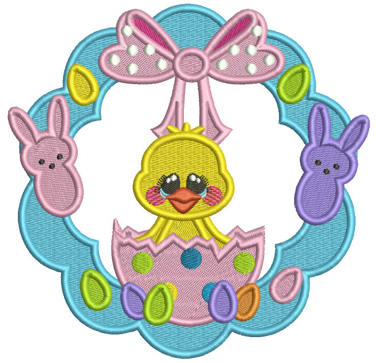 Wreath With Bunnies And a Little Chick Sitting Inside an Easter Egg Filled Machine Embroidery Design Digitized Pattern