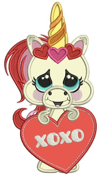 XOXO Unicorn Holding Big Heart Valentine's Day Applique Machine Embroidery Design Digitized Pattern