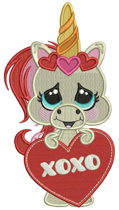 XOXO Unicorn Holding Big Heart Valentine's Day Filled Machine Embroidery Design Digitized Pattern