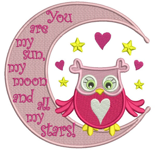 You Are My Sun Cute Owl Sittting On The Moon Filled Machine Embroidery Design Digitized Pattern