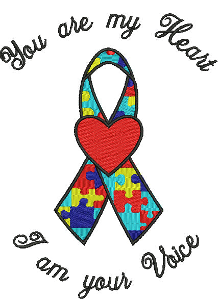 You are my heart I am your voice Autism Awareness Ribbon with heart Filled Machine Embroidery Digitized Design Pattern