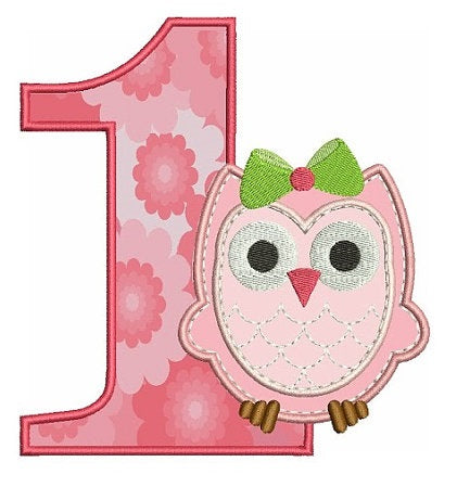 Birthday Baby Owl Number 1 (One) Applique Machine Embroidery Digitized Design Pattern - Instant Download -three sizes 4x4 , 5x7, 6x10 hoops
